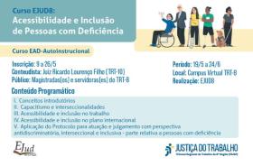 Descrição de imagem: Card informativo nas cores branco, azul e amarelo como as informações: o curso online "Ejud-8: Acessibilida