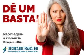 #ParaTodosVerem: Arte gráfica com o fundo branco e letras vermelhas e pretas. No card, o texto: Dê um basta! Não maquie a violên