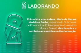 Descrição de imagem: arte gráfica colorida. No card, o texto: Laborando. O podcast da Justiça do Trabalho  no Pará e Amapá. Entr