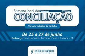 #ParaTodosVerem: Arte gráfica nas cores azul e branco. No card, o texto: Semana local da conciliação na Vara do Trabalho de Itai