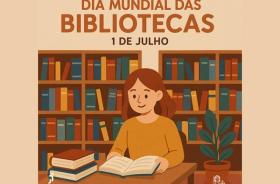 Arte gráfica. Uma mulher lê um livro sentada à mesa de uma biblioteca. Há diversas estantes com livros ao fundo.