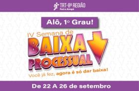 #ParaTodosVerem: Arte gráfica nas cores branco, roxo e laranja. No card o texto: Semana de Baixa Processual. Você já fez, agora 