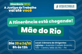 #ParaTodosVerem: Arte gráfica com fundo azul com a frase "A itinerância está chegando em Mãe do Rio" com a data 20 e 24/10, loca