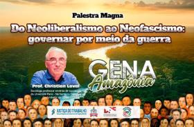 #ParaTodosVerem: Arte gráfica na cor verde, amarelo e cinza, com uma paisagem no fundo e o texto centralizado "Palestra Magna Do